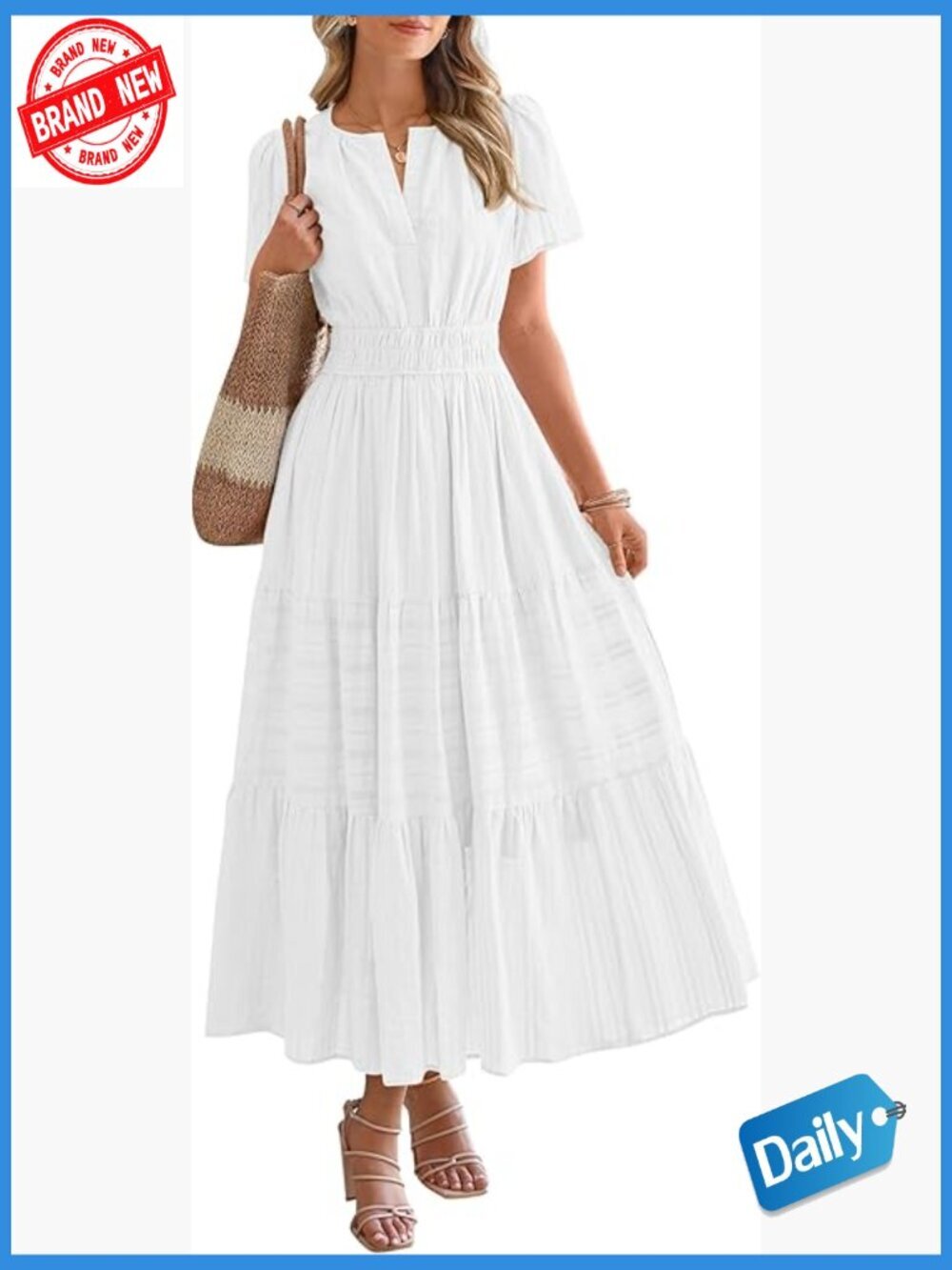 Women's Boho Maxi Dress with Pockets Elastic Waist Tiered Ruffle V-Neck